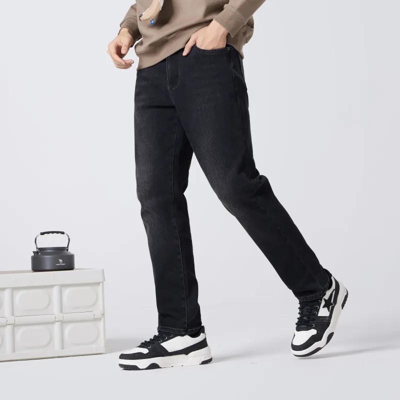 CAMEL Straight Fit Silver Fox Velvet Warm Denim Micro Stretch Cotton Like Breathable Jeans Men's-3