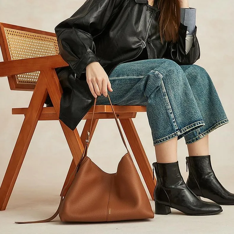 HONGU Cow Leather With Synthetic Leather Shoulder Bag, Hobo Bag, Shoulder Bag Medium Size Women's Brown/Pitch Black-2