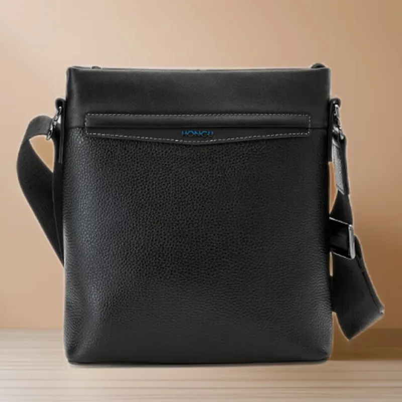 HONGU Cow Leather Crossbody Bags Shoulder Bags Medium Size Men's Pitch Black-5