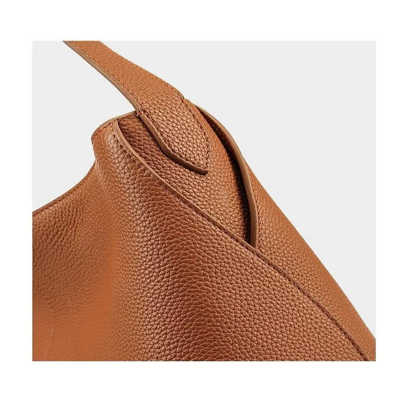 HONGU Cow Leather With Synthetic Leather Shoulder Bag, Hobo Bag, Shoulder Bag Medium Size Women's Brown/Pitch Black-6