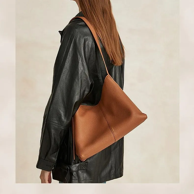 HONGU Cow Leather With Synthetic Leather Shoulder Bag, Hobo Bag, Shoulder Bag Medium Size Women's Brown/Pitch Black-1