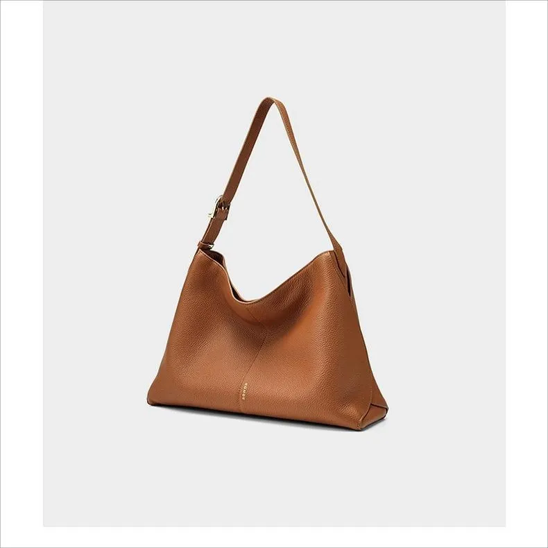 HONGU Cow Leather With Synthetic Leather Shoulder Bag, Hobo Bag, Shoulder Bag Medium Size Women's Brown/Pitch Black-3