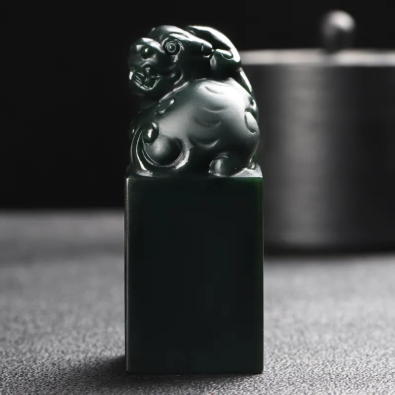 Jing Ruyu Hetian Jade Seal Green Jade Men's-3