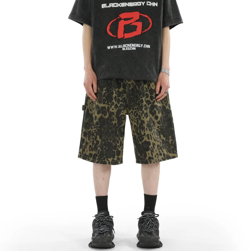 JCUI Denim Shorts Unisex Leopard Print-3