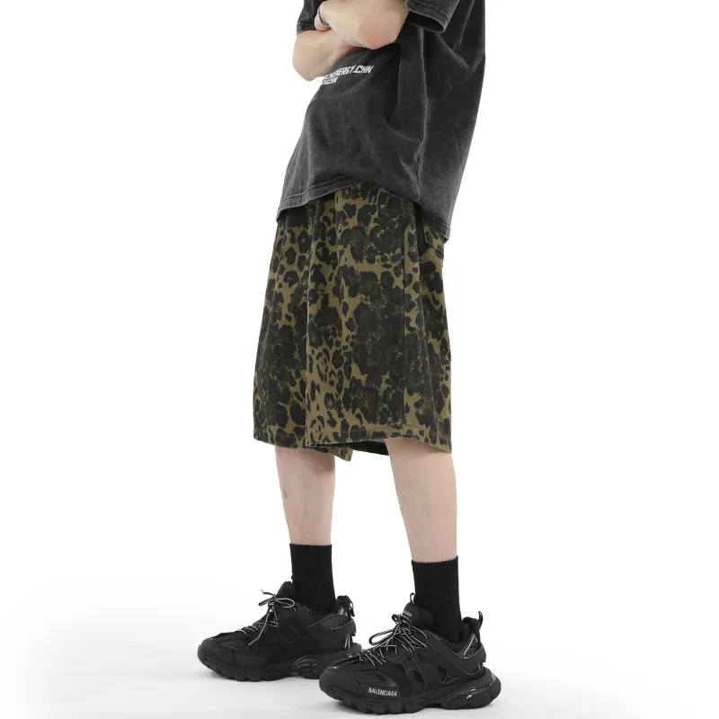 JCUI Denim Shorts Unisex Leopard Print-4