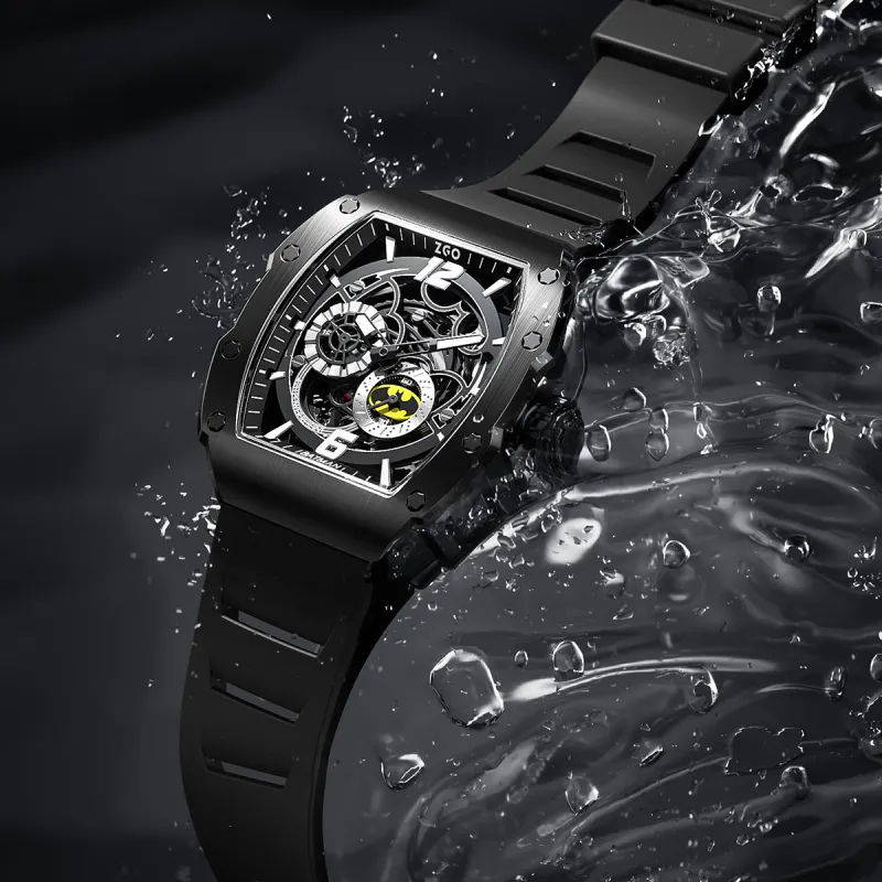 Zgo Warner DC Batman Collaboration Mechanical Movement Rubber Band Strap Watch Men's Watches Black Dial-4