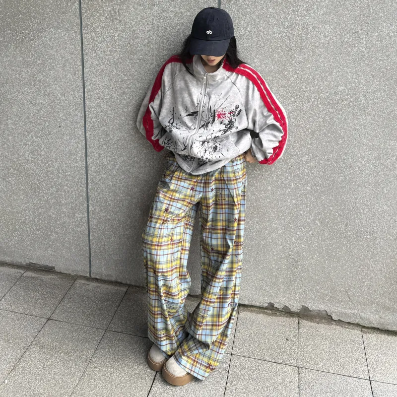 REXSHION Casual Pants Unisex Yellow Blue Plaid-3