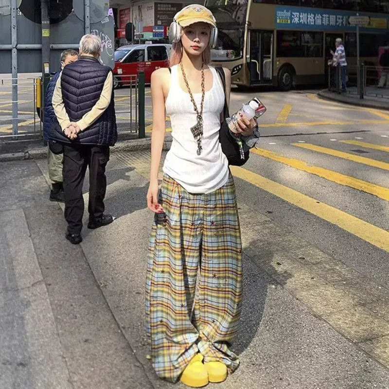 REXSHION Casual Pants Unisex Yellow Blue Plaid-2