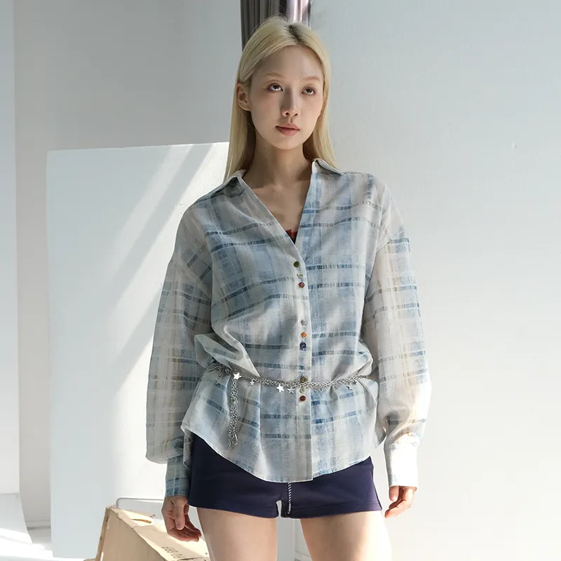 QISENYAR Shirt Women's Blue Plaid-3