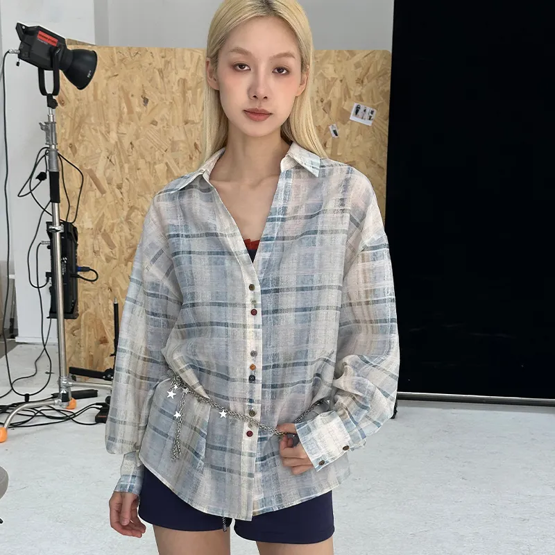 QISENYAR Shirt Women's Blue Plaid-5