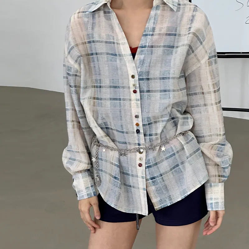 QISENYAR Shirt Women's Blue Plaid-6