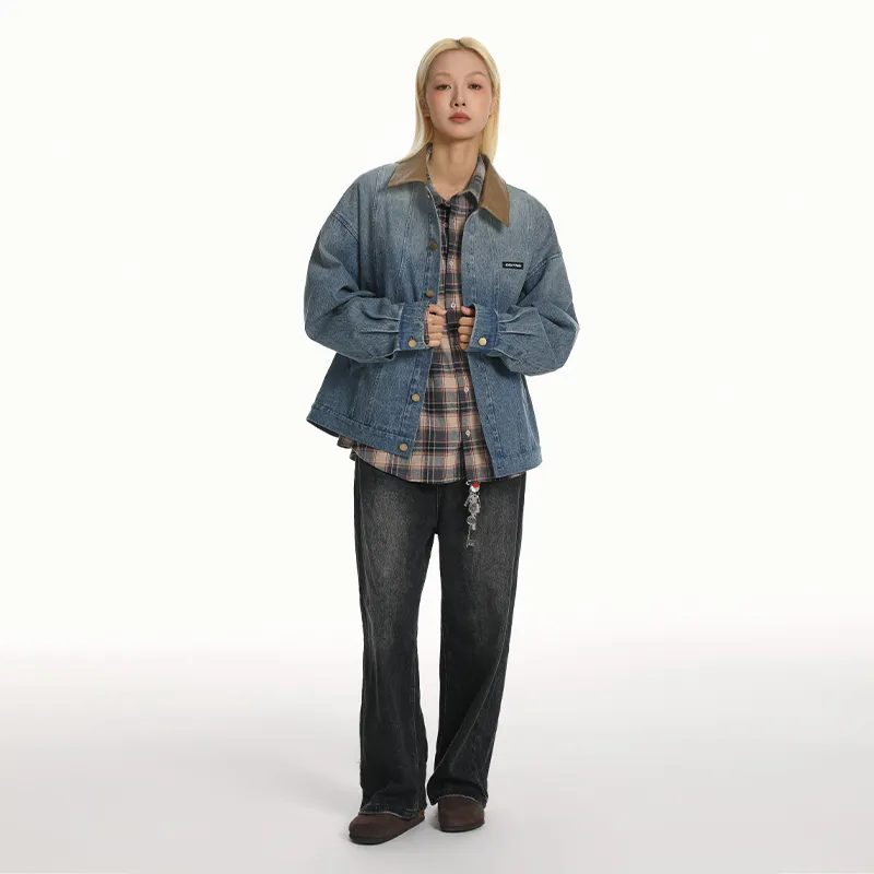 QISENYAR Denim Jacket Unisex Washed Blue-5