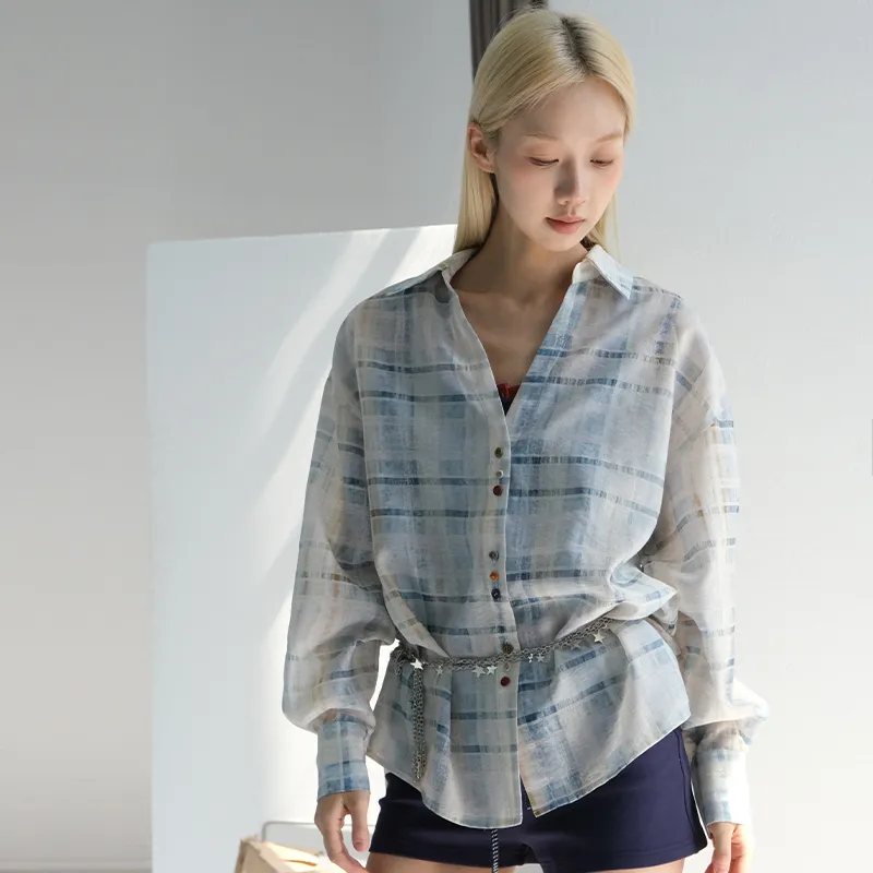 QISENYAR Shirt Women's Blue Plaid-2