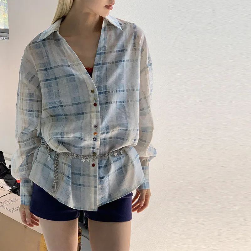 QISENYAR Shirt Women's Blue Plaid-4