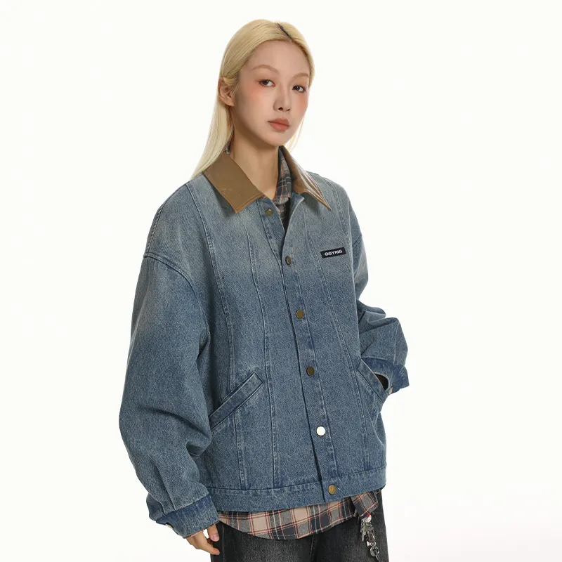 QISENYAR Denim Jacket Unisex Washed Blue-3