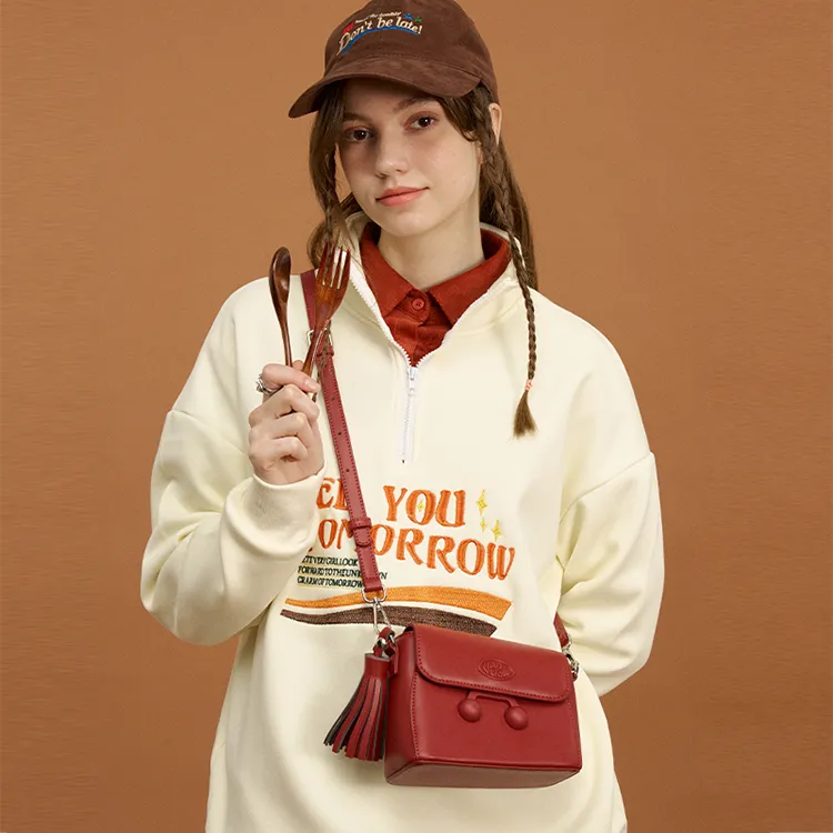VANWALK PU Shoulder Bag Small Size Women's Caramel Brown/Cherry Red/Vanilla White-12