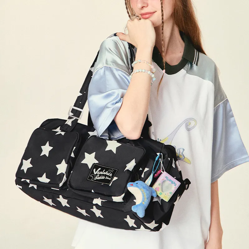 VANWALK Nylon Handbag, Shoulder Bag, Crossbody Bag Large Size Women's Stars Black Sea Salt Blue Doodle White-3