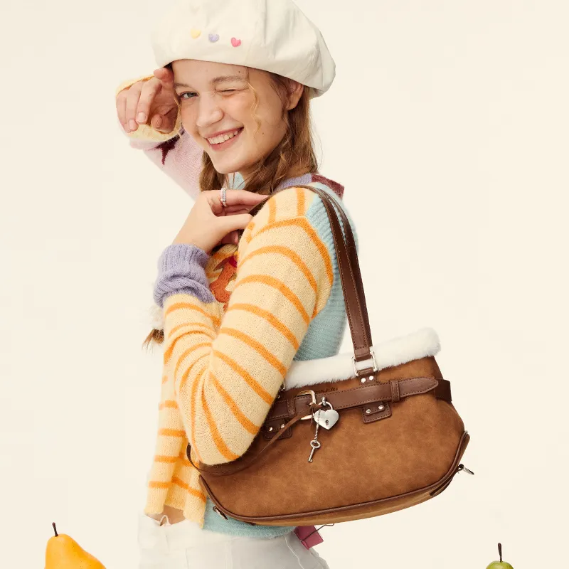 VANWALK PU Shoulder Bag Large Size Women's White/Brown/Pink-6