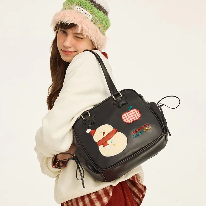 VANWALK PU Shoulder Bag, Tote Handbag Medium Size Women's Dark Chocolate/Caramel Cookies/Vintage Apple-3