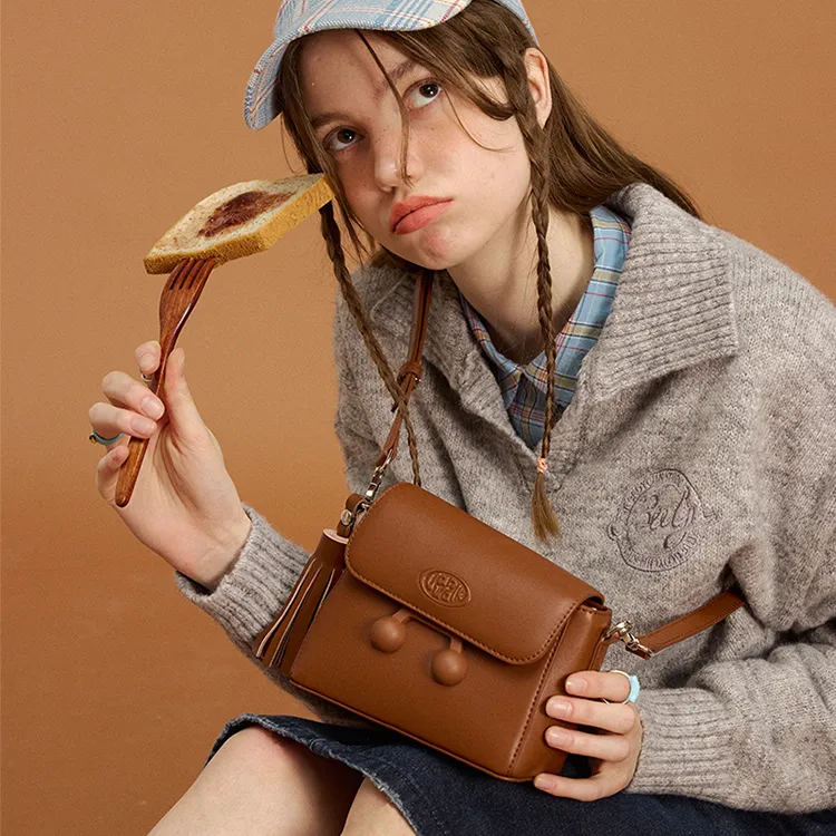 VANWALK PU Shoulder Bag Small Size Women's Caramel Brown/Cherry Red/Vanilla White-3