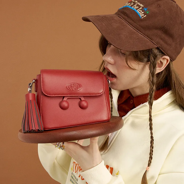 VANWALK PU Shoulder Bag Small Size Women's Caramel Brown/Cherry Red/Vanilla White-10