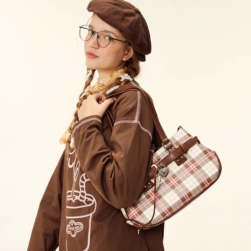 VANWALK PU Shoulder Bag Large Size Women's White/Brown/Pink-8