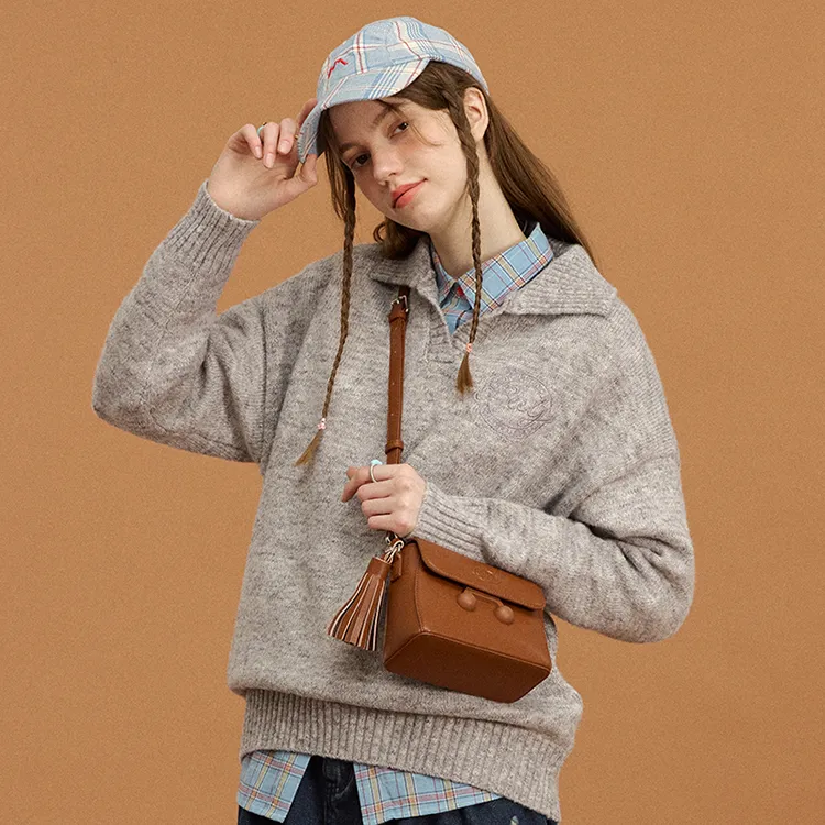 VANWALK PU Shoulder Bag Small Size Women's Caramel Brown/Cherry Red/Vanilla White-5
