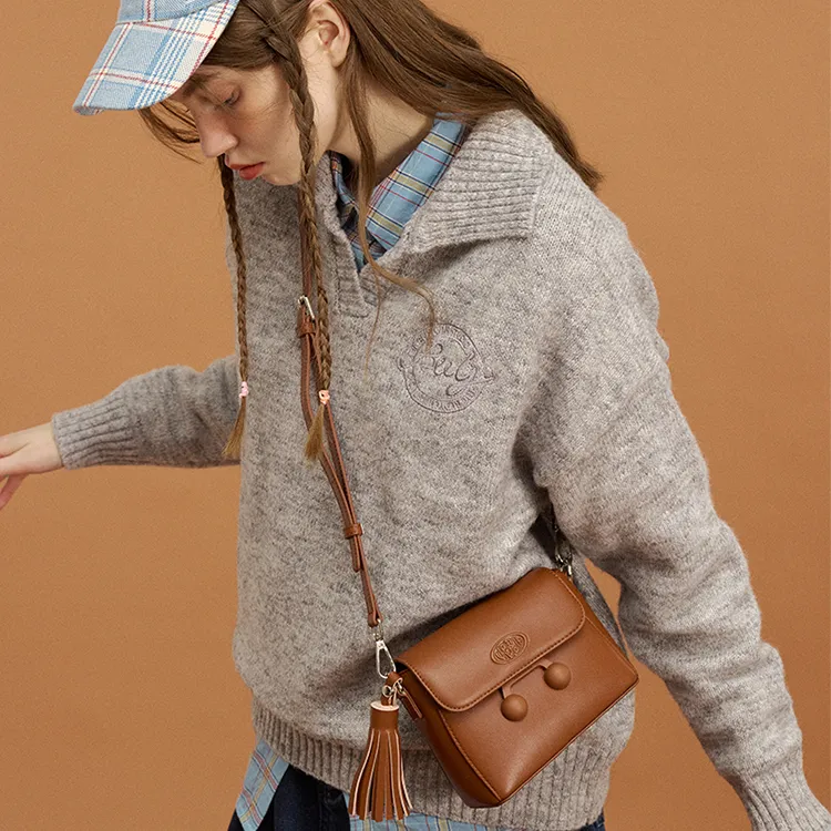 VANWALK PU Shoulder Bag Small Size Women's Caramel Brown/Cherry Red/Vanilla White-4