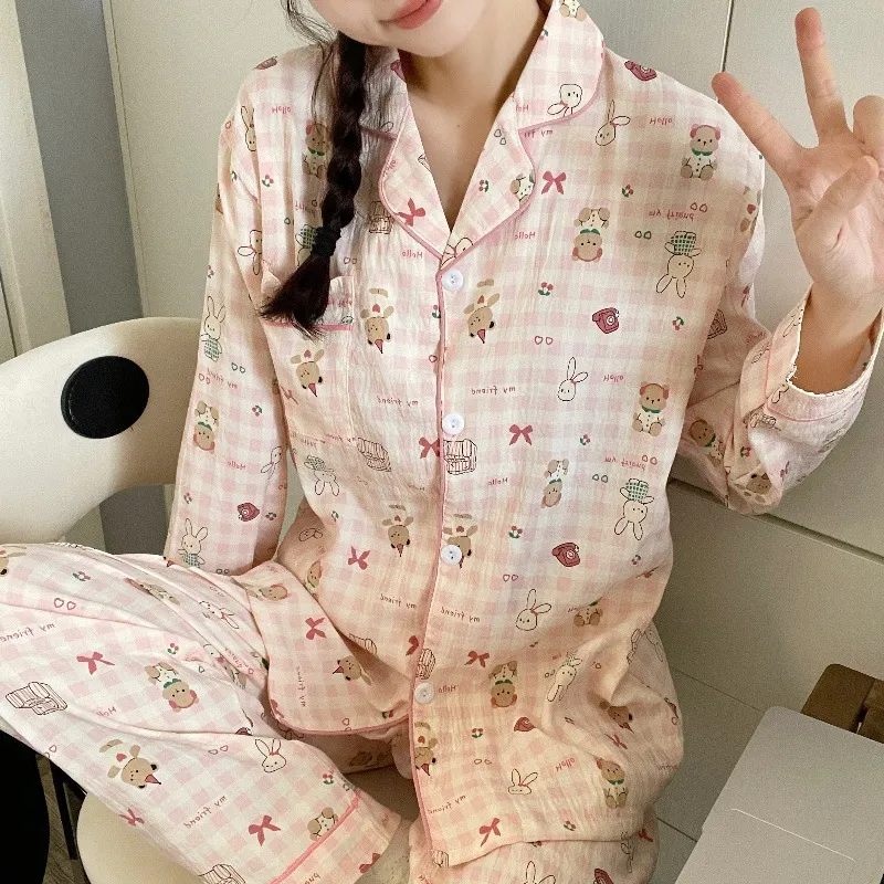 Sleep Students Dormitory Home Outerwear Ready Pajama Set Women's Pink-2