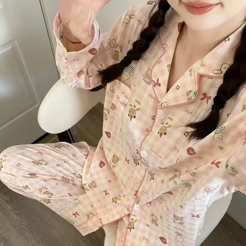 Sleep Students Dormitory Home Outerwear Ready Pajama Set Women's Pink-1