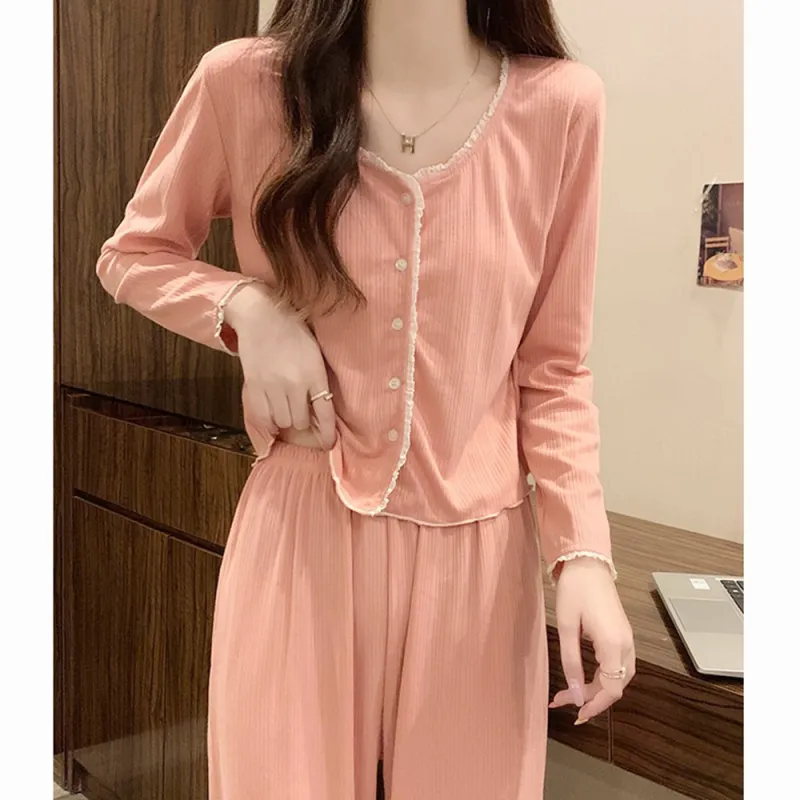 Sleep Students Dormitory Home Outerwear Ready Pajama Set Women's Pink-1