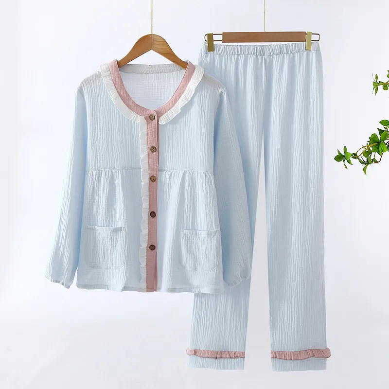 Sleep Students Dormitory, Home Pajama Set Women's Spring Fall Blue-1