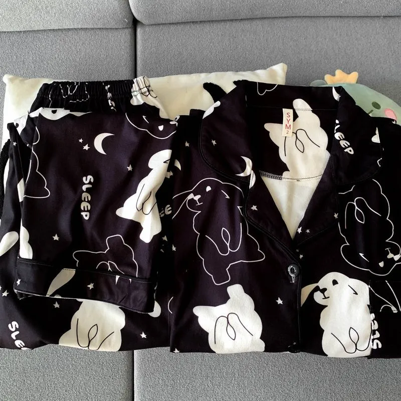 Sleep Students Dormitory Home Outerwear Ready Pajama Set Women's Black-5