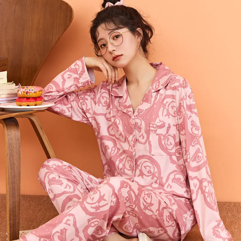 Sleep Students Dormitory Home Outerwear Ready Pajama Set Women's Pink-2