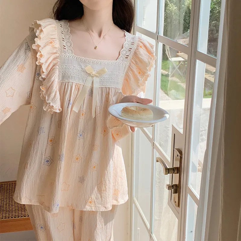 Sleep Loungewear Long Sleeved Pants Pajama Set Dormitory Home Outerwear Ready Women's Yellow Five pointed Star-5