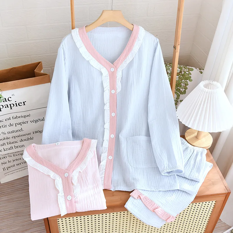 Sleep Students Dormitory, Home Pajama Set Women's Spring Fall Blue-2