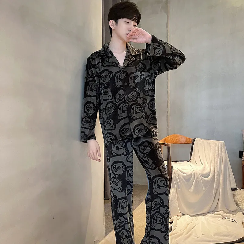 Sleep Students Dormitory Home Outerwear Ready Pajama Set Men's Black-2
