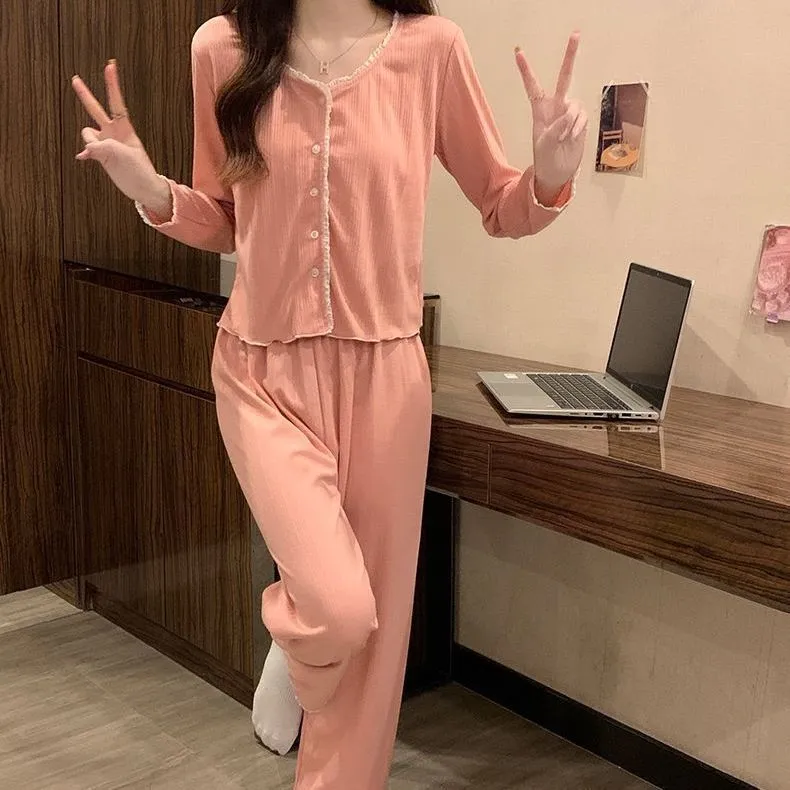 Sleep Students Dormitory Home Outerwear Ready Pajama Set Women's Pink-4
