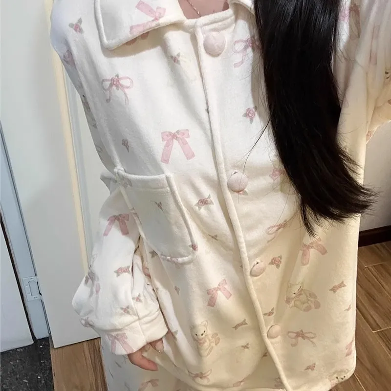 Sleep Students Dormitory Home Outerwear Ready Pajama Set Women's Ecru-2