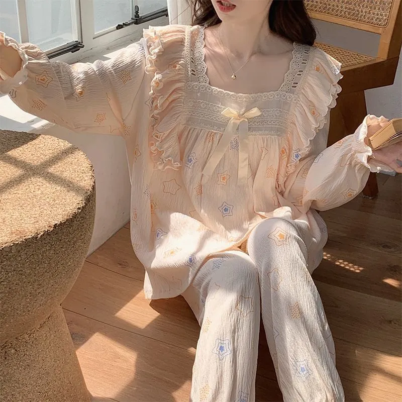 Sleep Loungewear Long Sleeved Pants Pajama Set Dormitory Home Outerwear Ready Women's Yellow Five pointed Star-3
