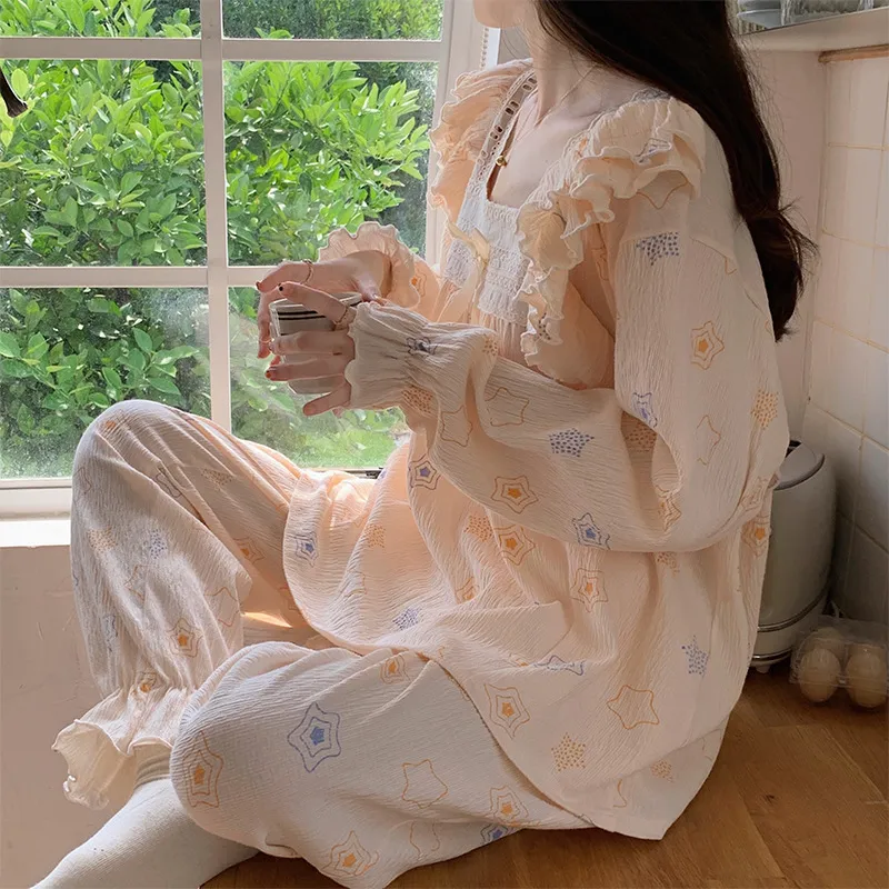 Sleep Loungewear Long Sleeved Pants Pajama Set Dormitory Home Outerwear Ready Women's Yellow Five pointed Star-6