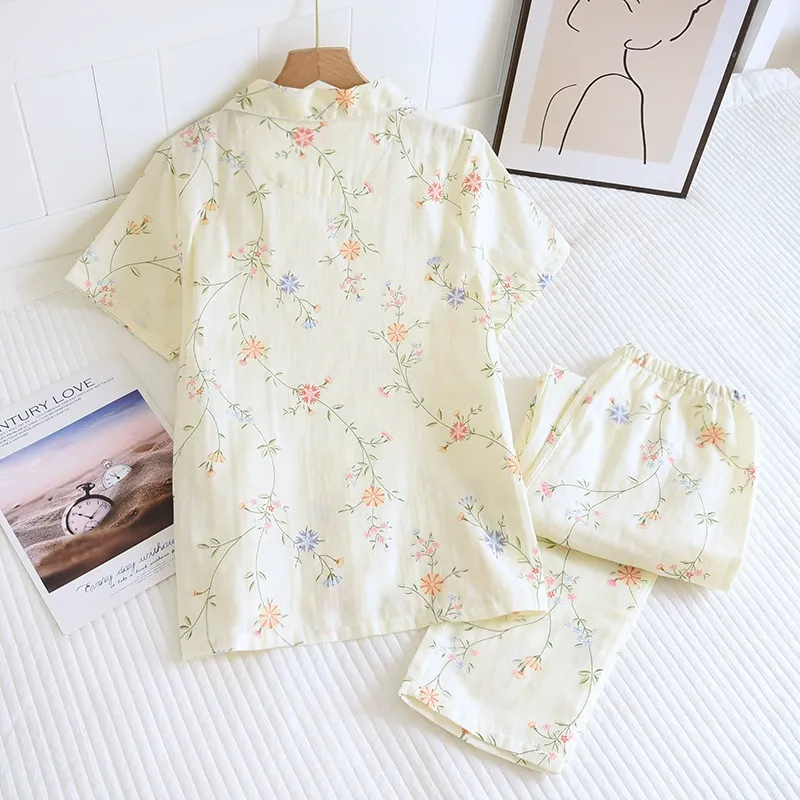 Sleep Pajama Set Women's Light Yellow Flower-3