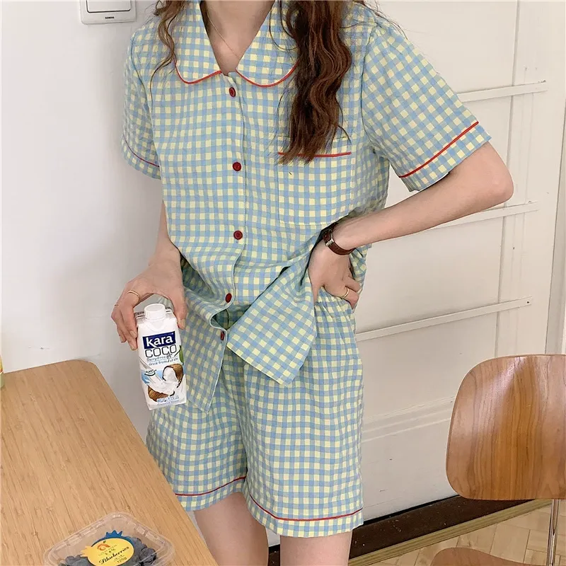 Sleep Pajama Set Women's Green Plaid-2