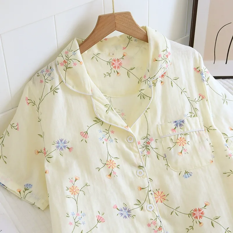 Sleep Pajama Set Women's Light Yellow Flower-1
