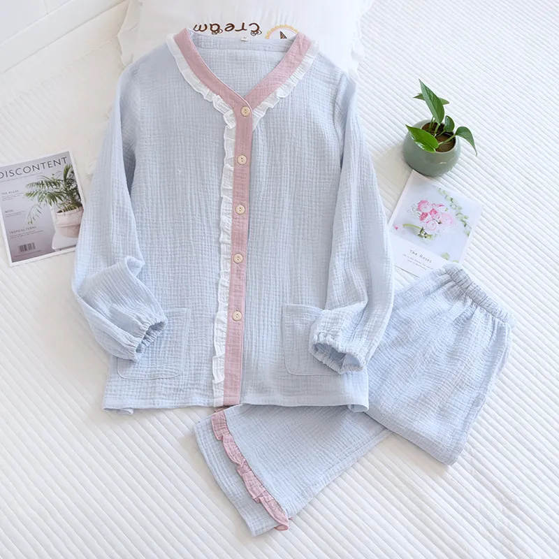 Sleep Students Dormitory, Home Pajama Set Women's Spring Fall Blue-3