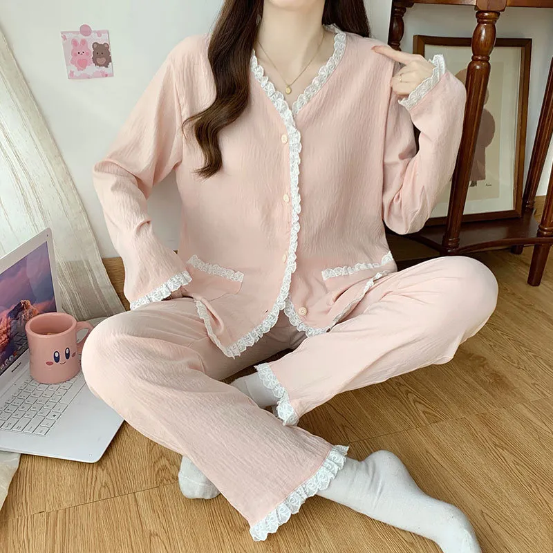 Sleep Students Dormitory Home Outerwear Ready Pajama Set Women's Pink-1