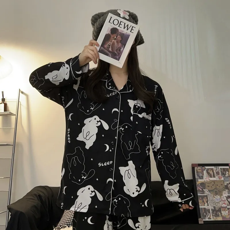 Sleep Students Dormitory Home Outerwear Ready Pajama Set Women's Black-2