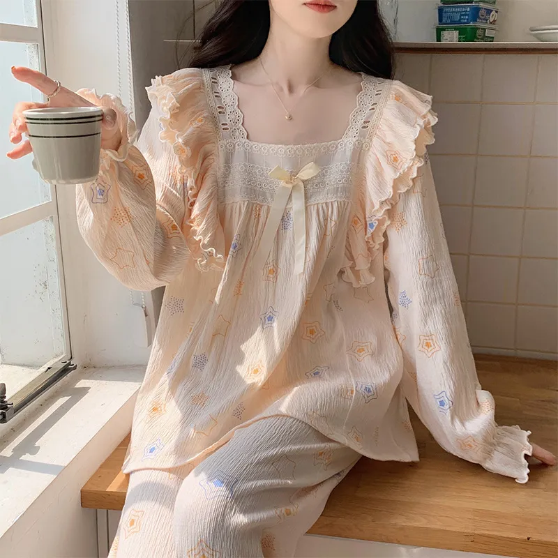 Sleep Loungewear Long Sleeved Pants Pajama Set Dormitory Home Outerwear Ready Women's Yellow Five pointed Star-2