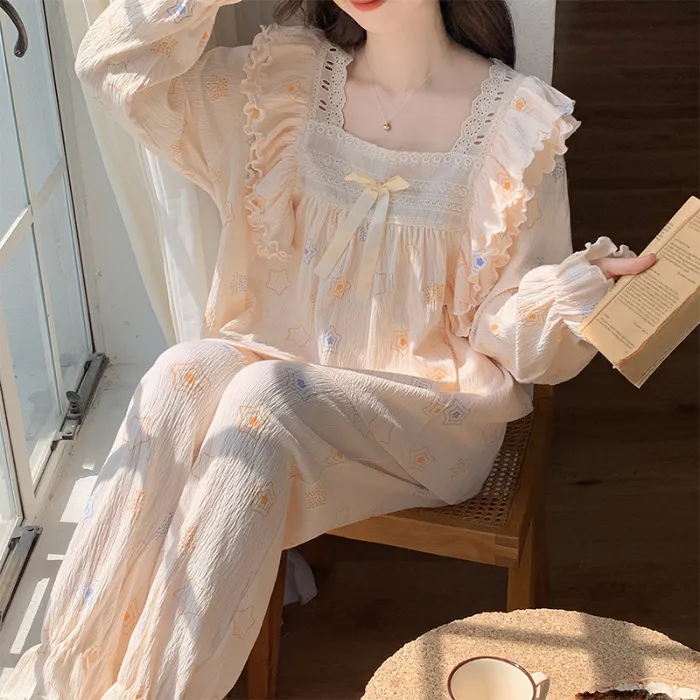 Sleep Loungewear Long Sleeved Pants Pajama Set Dormitory Home Outerwear Ready Women's Yellow Five pointed Star-1