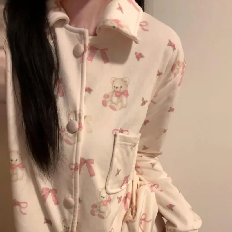 Sleep Students Dormitory Home Outerwear Ready Pajama Set Women's Ecru-1